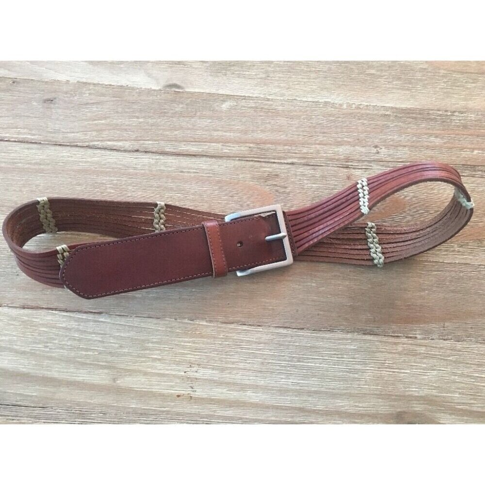 TALBOTS  Womens M  Brown Leather Belt w/ Woven Cording Bohemian Western Cowgirl